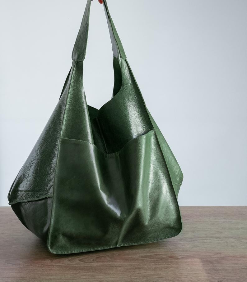 70*5*40cm / green Women Genuine Handmade Purse Work Oversize  Weekender Hobo Travel Everyday Foldover PU Leather Shoulder Tote Bag for Her Wife