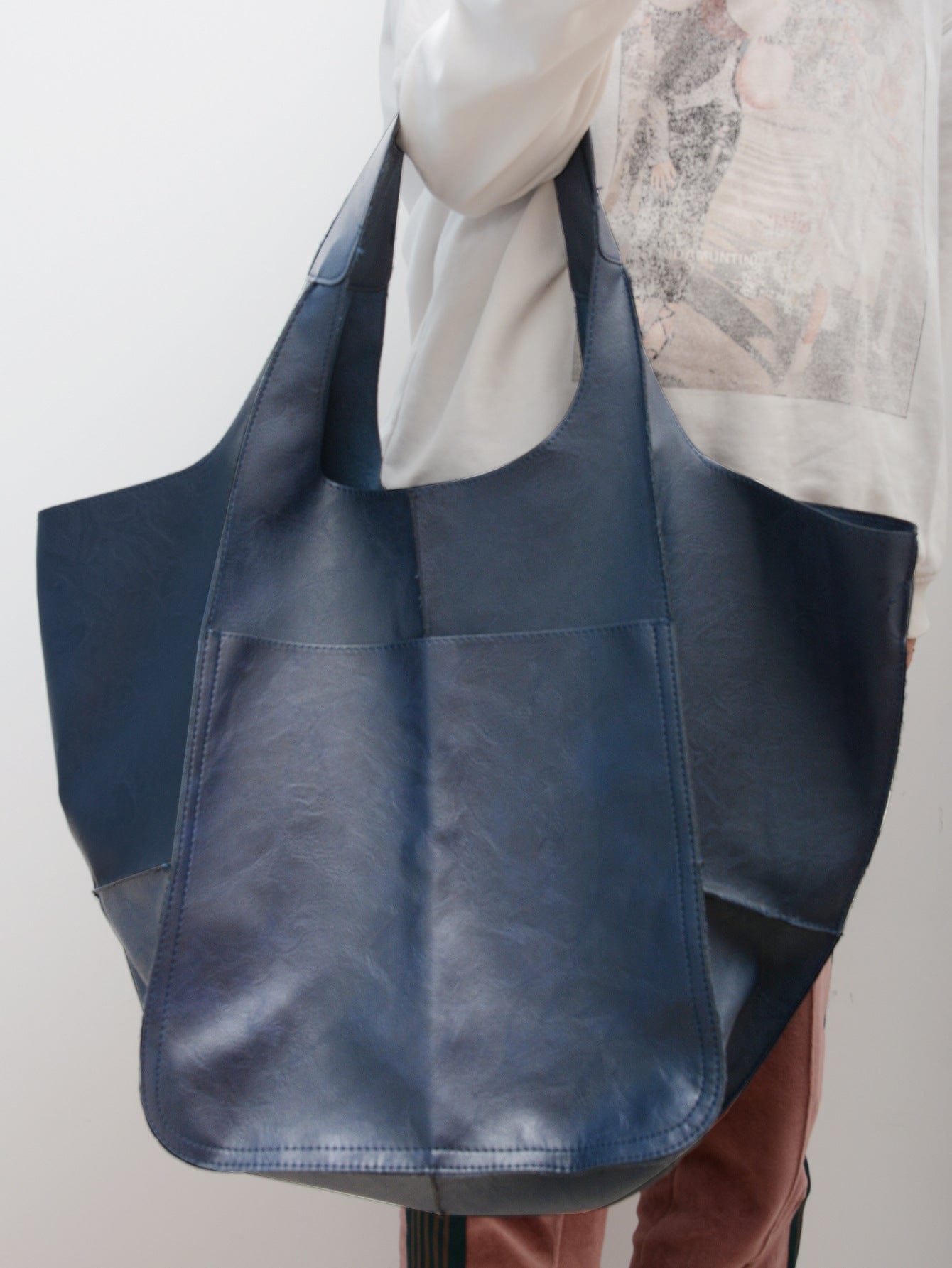 70*5*40cm / Navy Blue Women Genuine Handmade Purse Work Oversize  Weekender Hobo Travel Everyday Foldover PU Leather Shoulder Tote Bag for Her Wife