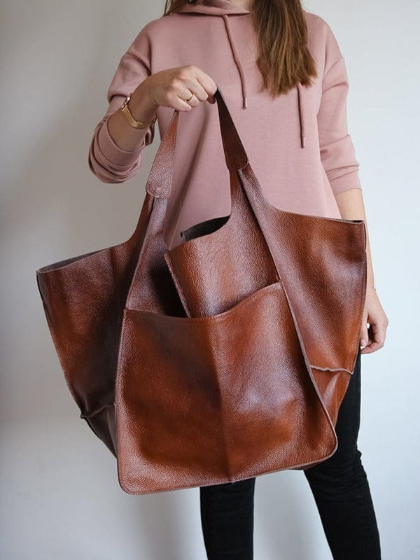 70*5*40cm / Reddish brown Women Genuine Handmade Purse Work Oversize  Weekender Hobo Travel Everyday Foldover PU Leather Shoulder Tote Bag for Her Wife
