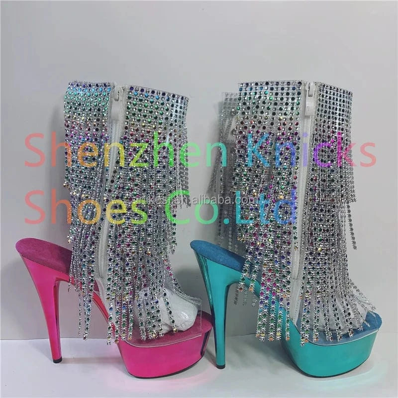 7inch-17cm sexy tassel autumn/winter thin heel high heel back lace-up steel pipe dance shoes Candy rainbow tassel