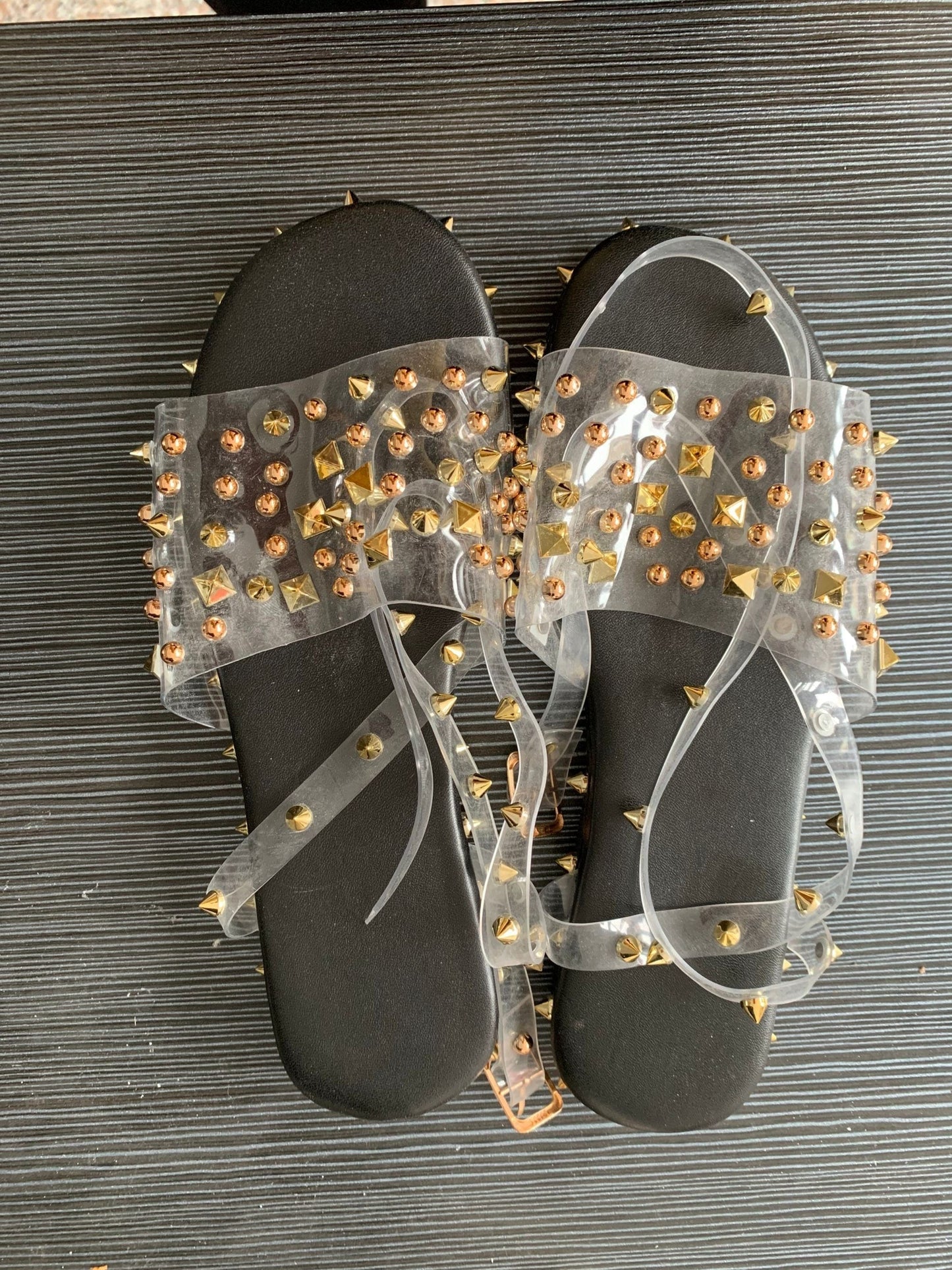 8.5 / black Fashion New Style Glitter Footwear Slides with Studded Decoration Flat Plus Size Women's Rivets Sandals