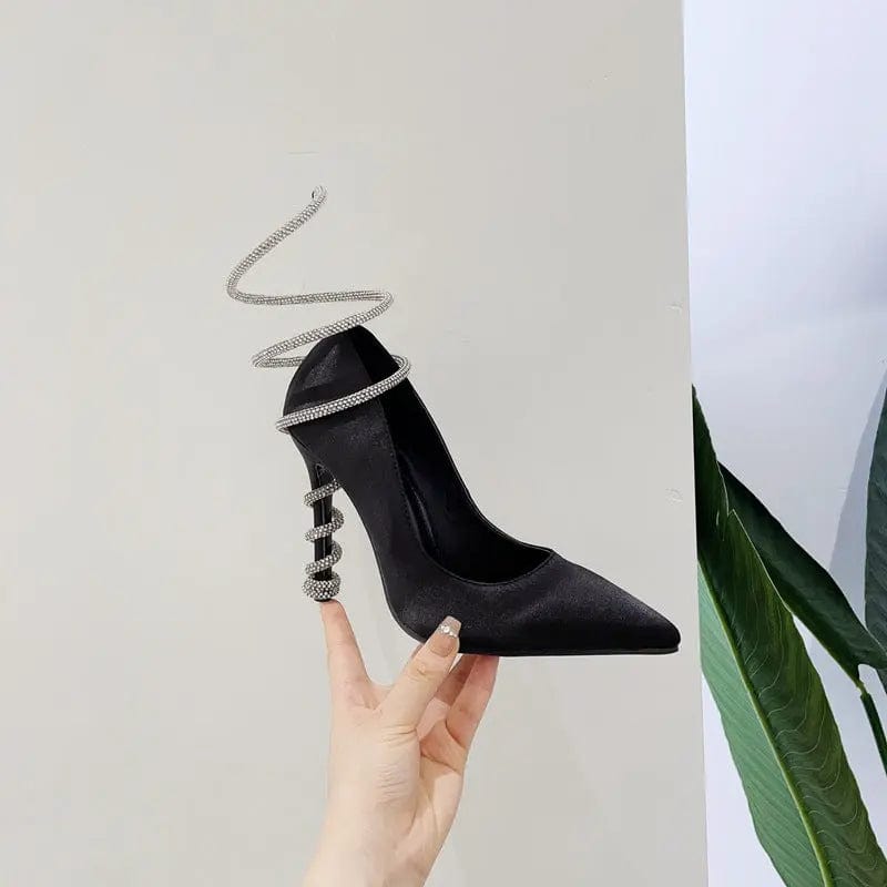 8 / black BUSY GIRL LX4467 pumps women snake shaped cross strap rhinestone 2023 new satin ladies high heels shoes for women heeled sandals