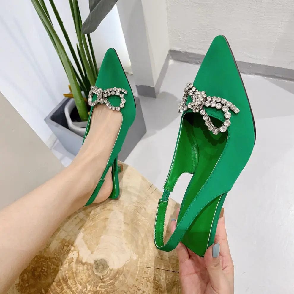 8 / green BUSY GIRL XSD4403 pumps 2023 New design formal pointed toe rhinestone bow wedding bridal dress shoes 3cm high heel sandals women