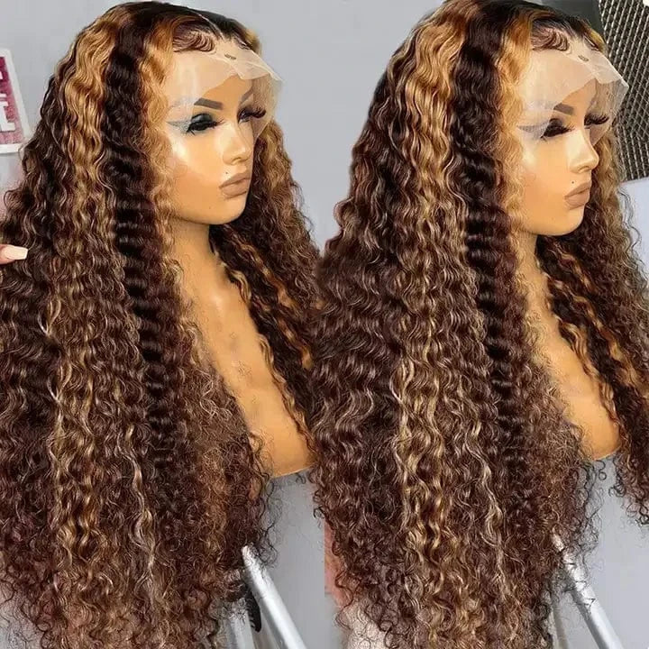 8 Inches / 13x4 transparent Highlight wig Brown Deep Curly Pre Plucked Transparent 13x4 Lace Front Wig Piano Mixs Color Honey Blonde Human Hair Wig