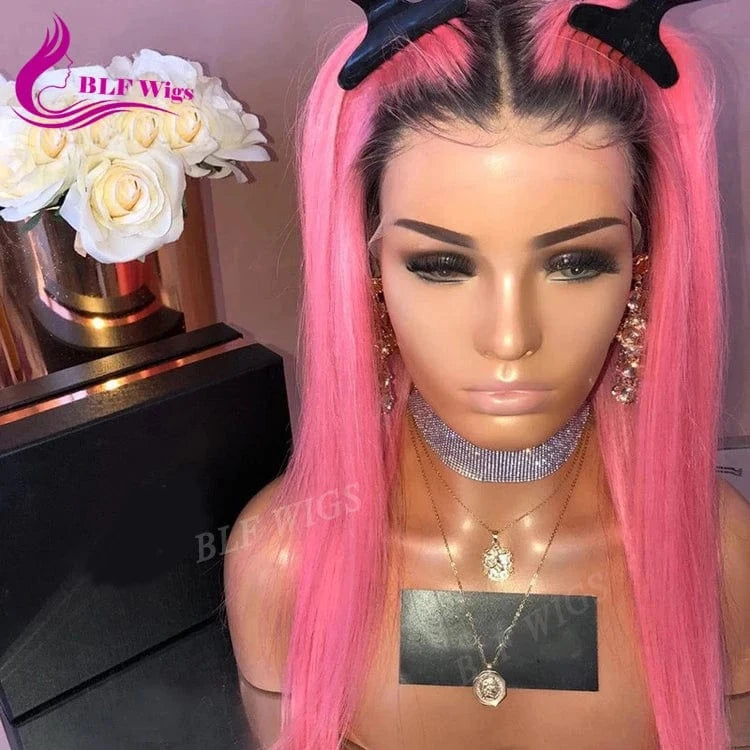 8 Inches / 1b pink ombre Pink Human Hair Full Lace Front Wig Two Tone Color Remy Brazilian Lace Wig with Natural Roots