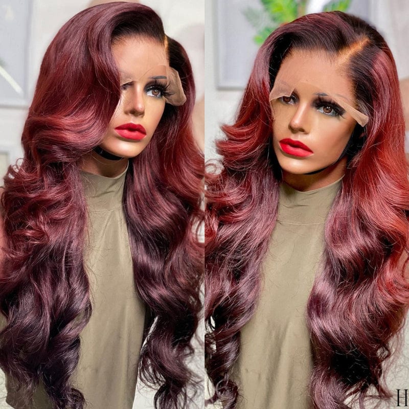 8 Inches / 2 Drop Shipping Ocean Body Wave Ombre 99J Burgundy Color Virgin Brazilian Cuticle Aligned Hair Lace Front Wigs