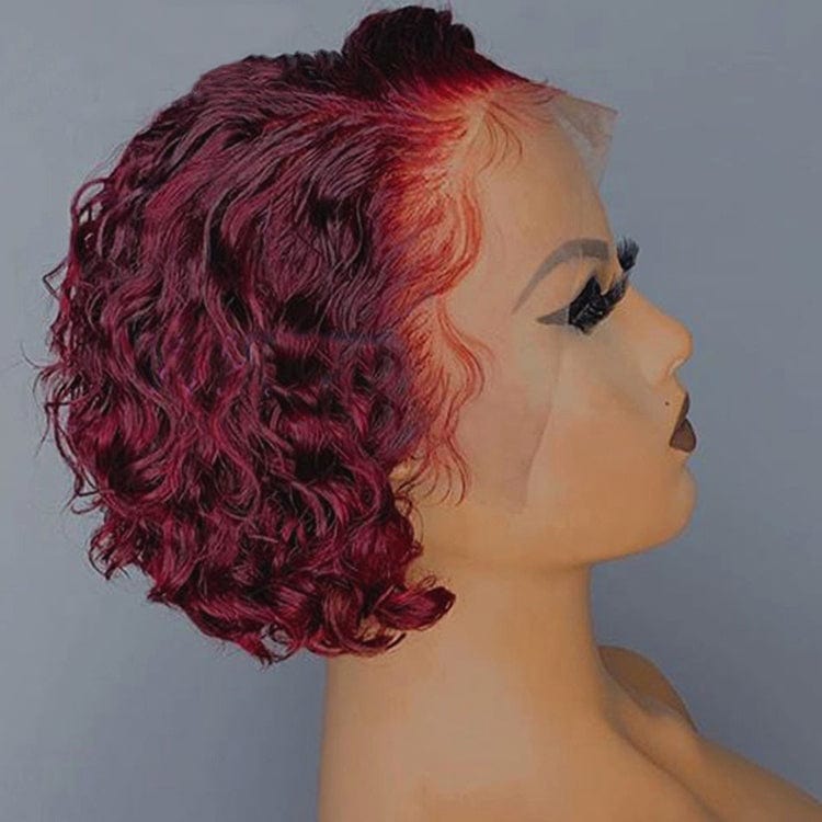 8 Inches / #99J Burgundy Color 2 Wholesale Wig Supplier Ombre Burgundy Color Pixie Curly Cut Bob Virgin Cuticle Aligned Human Hair Transparent HD Lace Front Wigs