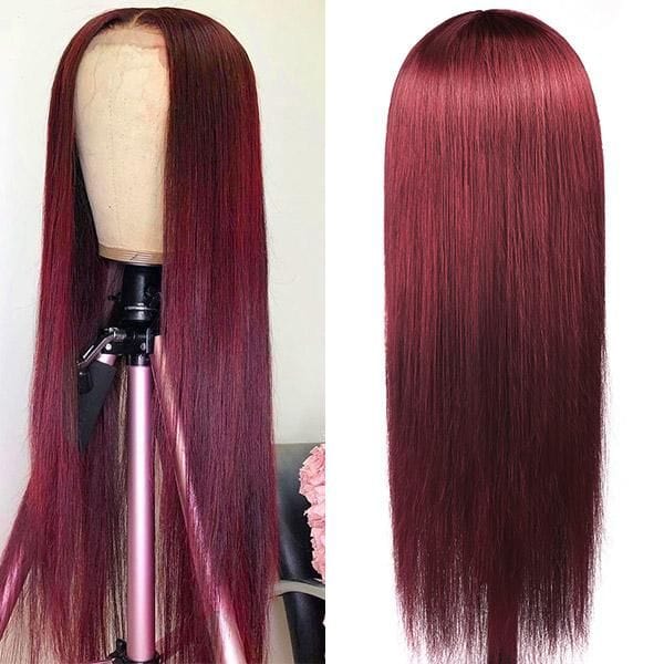 8 Inches / 99j Straight Burgundy Mixed Red Lace Front Wigs Body Wave Human Hair Cuticle Aligned Natural Hairline Hair Transparent Lace Wigs