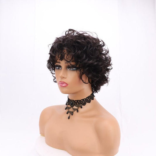 8 Inches / Black 8inches Short Pixie Afro Curly Bun Machine Made Wavy Hair Wig Custom For Wholesale
