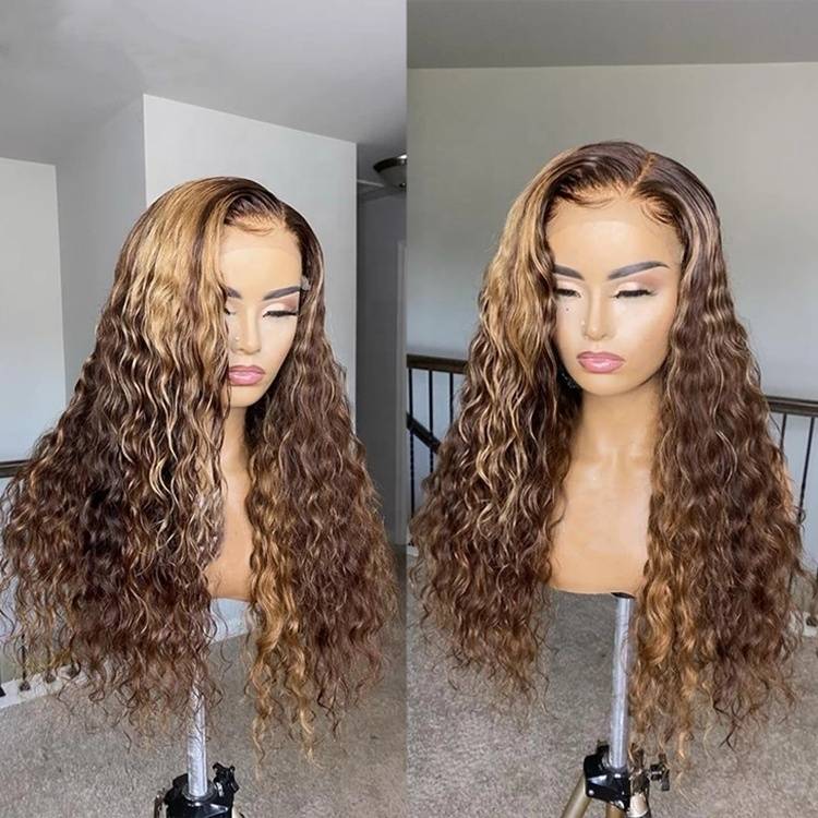 8 Inches / Color 5 Bleached Knots Wet Curly Brown Highlight Color Full Cuticle Aligned Human Hair HD Lace Front Wigs With Baby Hair