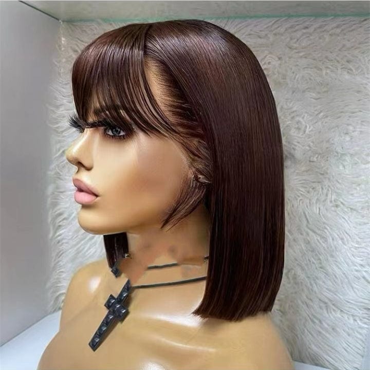 8 Inches / Color 7 Invisible Swiss Lace Ombre Brown Color Pixie Blunt Cut Bob 100 Virgin Human Hair Super Soft Lace Front Wigs