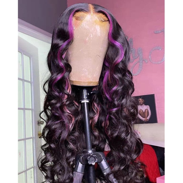 8 Inches / Highlight Purple Platinum Blonde Highlight Color Body Wave Virgin Human Hair Lace Front Wigs With Natural Hairline