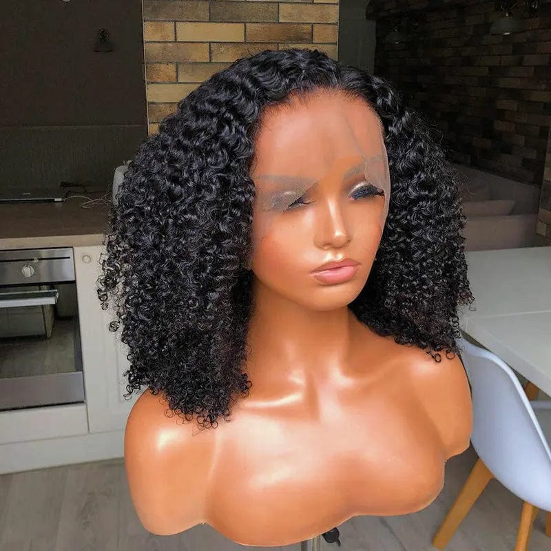 8 Inches / Natural black color Mongolian Afro Kinky Curly Wig 400% High Density Pre Plucked Glueless Hair Lace Frontal Closure Wigs