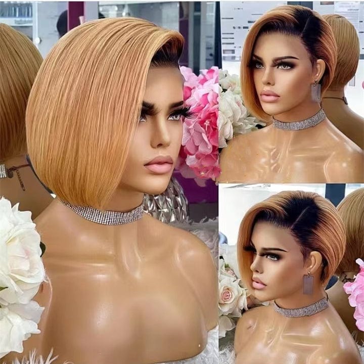 8 Inches / Ombre blonde 2 Wholesale Wig Supplier Ombre Burgundy Color Pixie Curly Cut Bob Virgin Cuticle Aligned Human Hair Transparent HD Lace Front Wigs