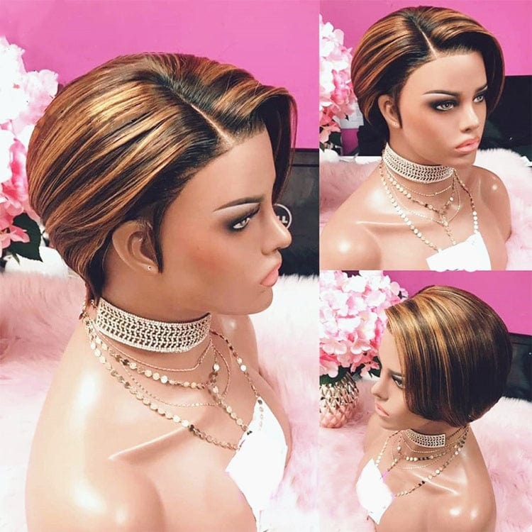 8 Inches / Ombre blonde 6 Wholesale Wig Supplier Ombre Burgundy Color Pixie Curly Cut Bob Virgin Cuticle Aligned Human Hair Transparent HD Lace Front Wigs