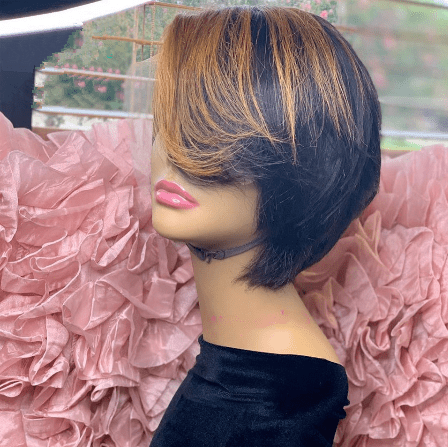 8 Inches / Ombre brown 3 Wholesale Wig Supplier Ombre Burgundy Color Pixie Curly Cut Bob Virgin Cuticle Aligned Human Hair Transparent HD Lace Front Wigs