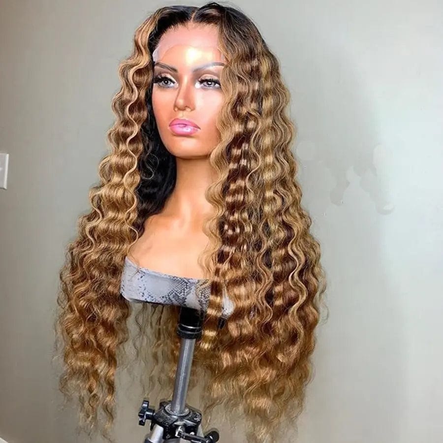 8 Inches / Ombre Color 3 Wholesale Price High Density Deep Curly Ombre Honey Brown Color Virgin Brazilian Cuticle Aligned Hair Lace Frontal Wigs