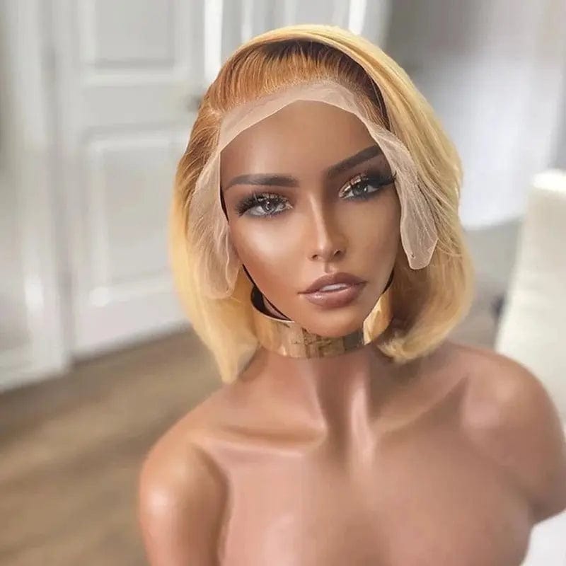 8 Inches / # Ombre Color Honey Blonde Short Bob Dark Brown Root Cuticle Aligned Glueless Virgin Hair 13*4 Lace Frontal Wigs