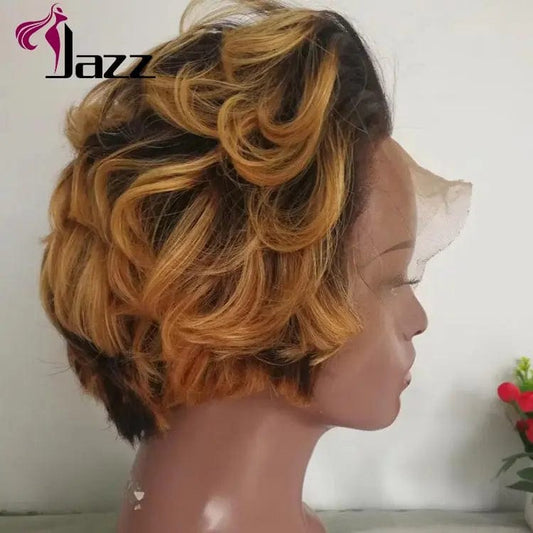 8 Inches / ombre color ombre color 1b 27 Hepburn style Cut human hair wig front lace wig