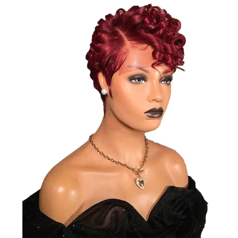 8 Inches / Red Color Lace Front Wigs Tiny Curly Black Color Short Pixie Bob