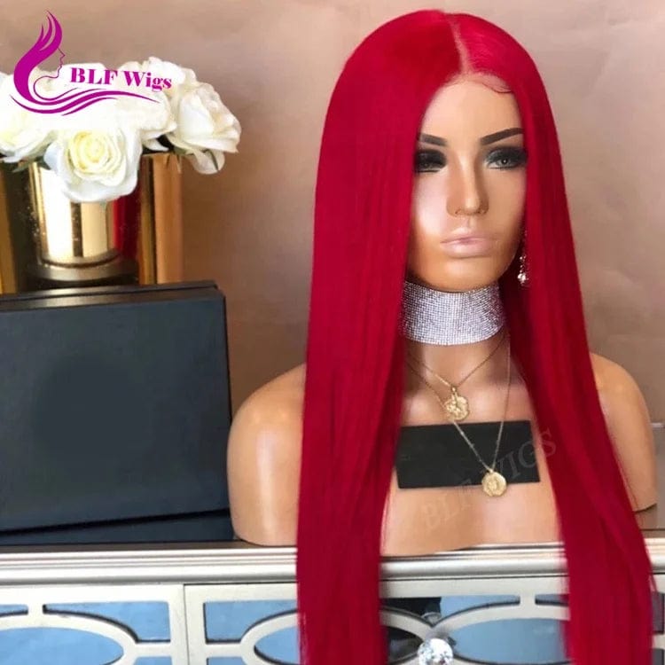 8 Inches / Red Red Colored Human Hair Wigs Silky Straight Brazilian Virgin Hair Glueless Full Lace Wigs Bleached Knots Invisible Middle Part