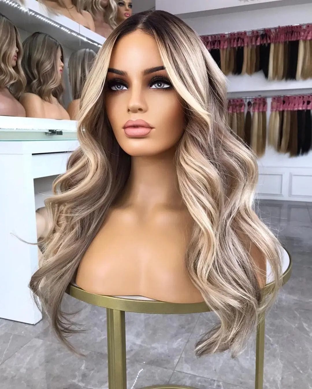 8 Inches / Style#2 HD Lace Highlight Ash Brown Blonde Color Water Wave Virgin Cuticle Aligned European Human Hair Lace Frontal Wigs