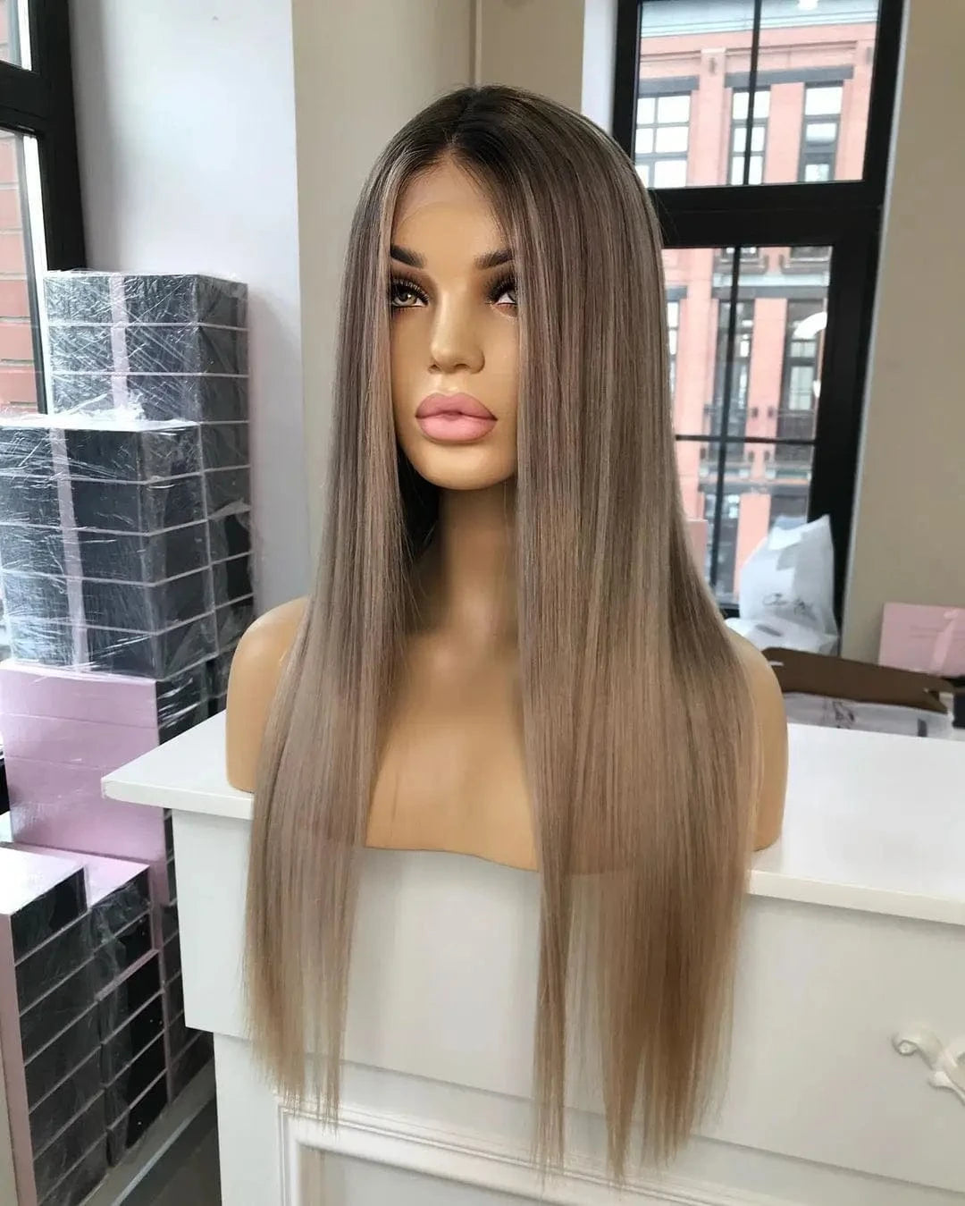 8 Inches / Wig 3 Clip In Ash Brown Highlight Custom 150% Density Long Straight Virgin European Soft Cuticle Human Hair Swiss Lace Front Wigs