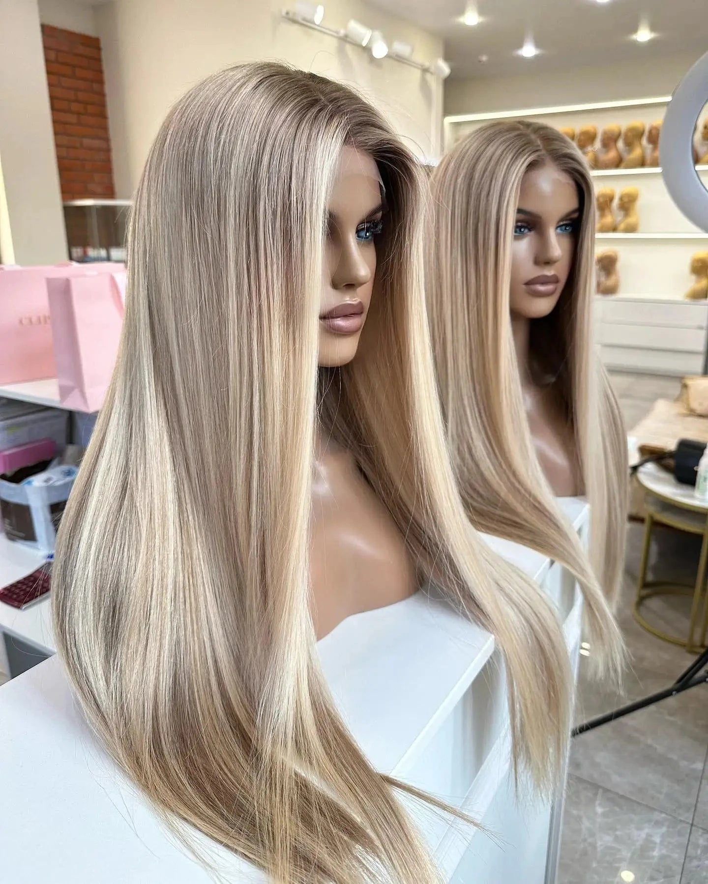8 Inches / Wig 5 Clip In Ash Brown Highlight Custom 150% Density Long Straight Virgin European Soft Cuticle Human Hair Swiss Lace Front Wigs