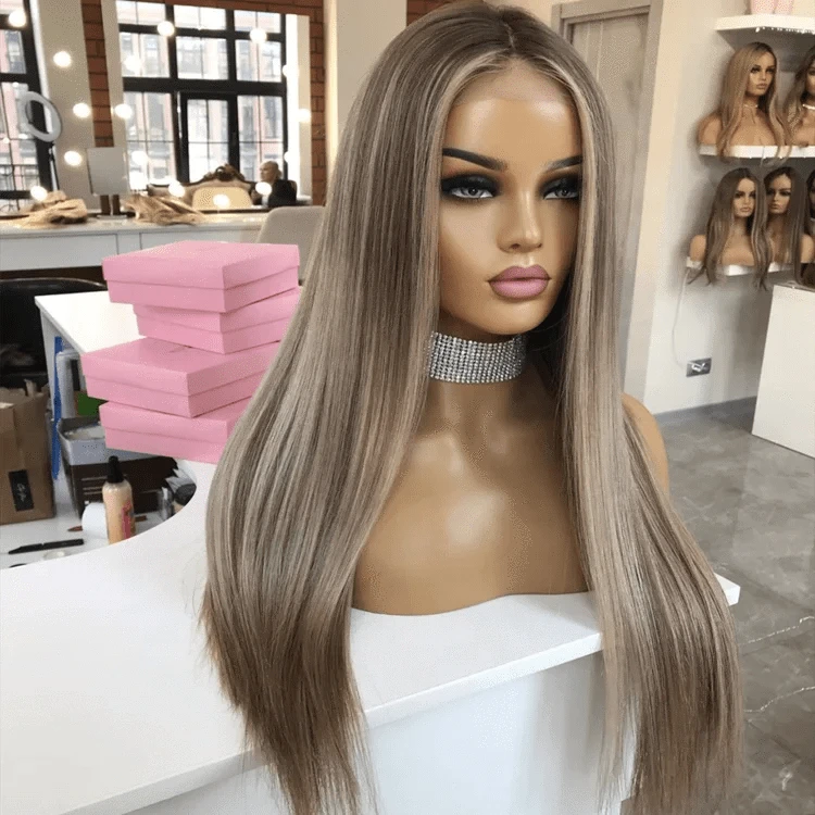 8 Inches / Wig 9 Clip In Ash Brown Highlight Custom 150% Density Long Straight Virgin European Soft Cuticle Human Hair Swiss Lace Front Wigs