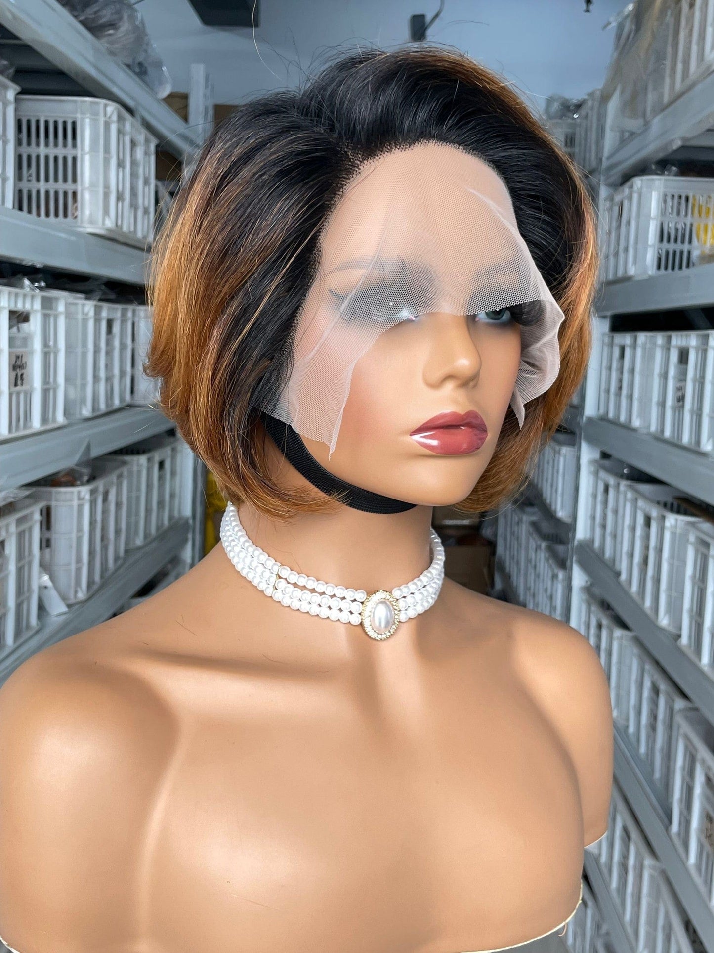 8 Inches / XY-2089 Mayqueen Wholesale Human Hair Super Double Drawn Bob Straight With Bang Natural Ombre Color Closure Lace Frontal Wigs For Black