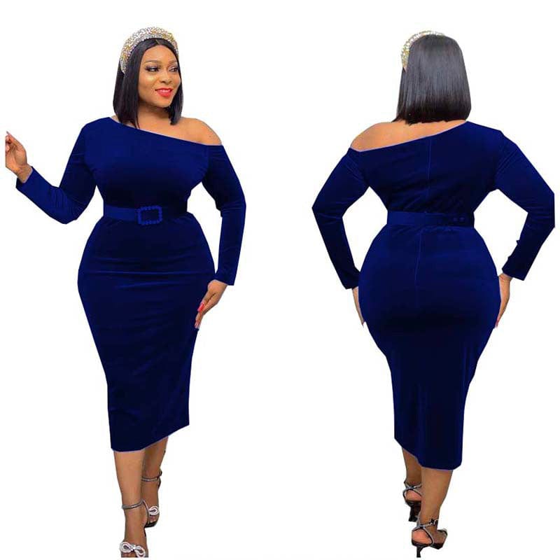 8 / NAVY Hot Sale Ladies Spot Long Sleeve Slim Fit Oblique Shoulder Pure Color Flannel Sexy Mid Length Evening Satin Dress With Belt