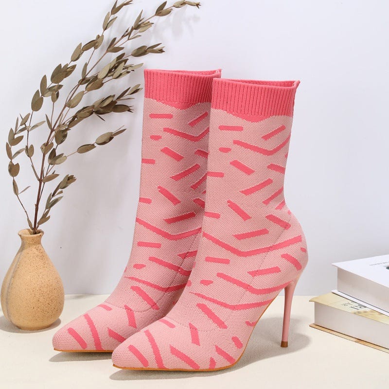 8 / Pink BUSY GIRL  LFN4358  New 2022 fall fashion women's knitted ankle sock pointed toe heeled high heel boots shoes for women ladies