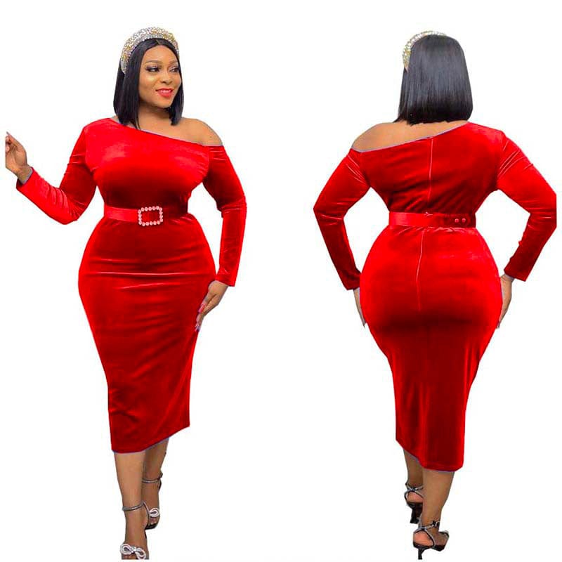 8 / Red Hot Sale Ladies Spot Long Sleeve Slim Fit Oblique Shoulder Pure Color Flannel Sexy Mid Length Evening Satin Dress With Belt