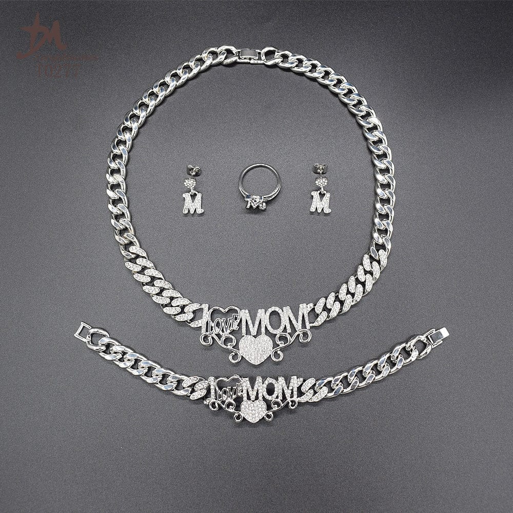 8 / Silver color T0277 Mom Gift high quality silver color Cuban chain I love you MOM jewelry set i love you mom necklace
