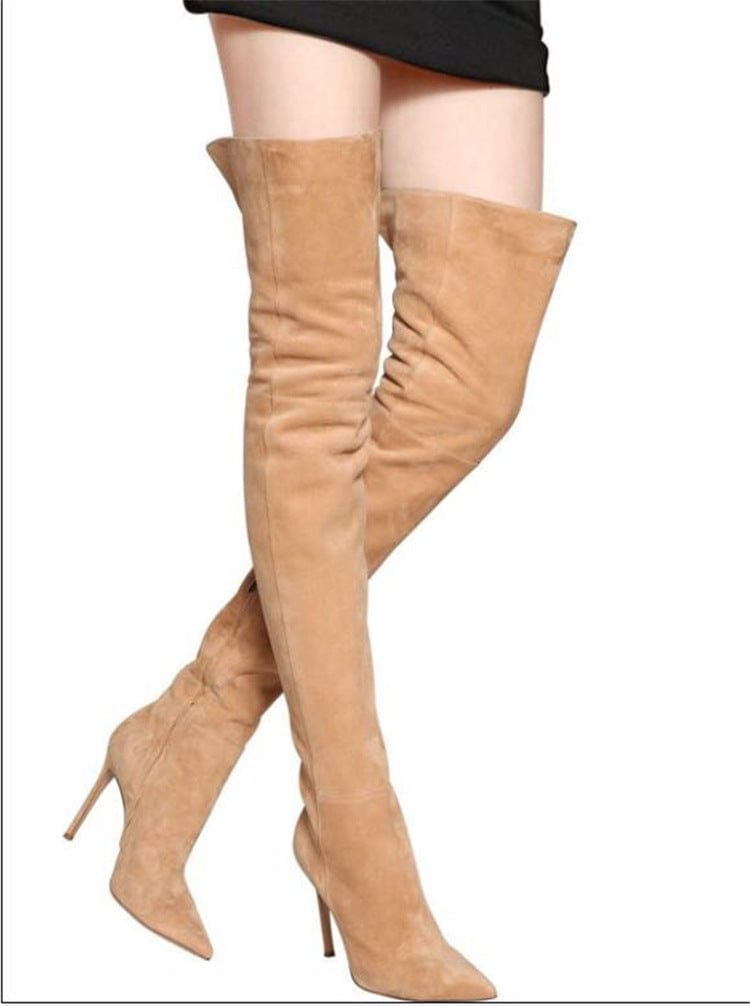 8 / Yellow TX China Factory loe price Lady's Thigh High Boots Metal Decor Sexy Pointed Toe over the knee boots thigh high flats