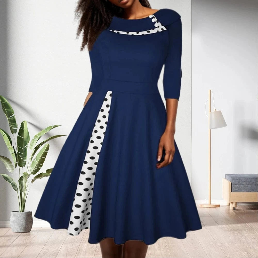 80322-MX23 Vintage Dot Print O Neck Flare Large Hemline Women Dresses Sehe Fashion