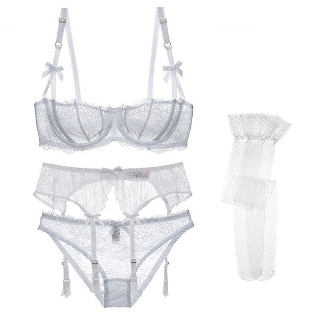 85C / White 2022 New Women's Sexy Underwear Lace Bra & Brief Sets 4 Pcs Sexy Lingeries