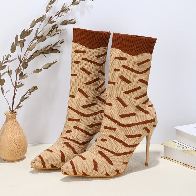 9 / Brown BUSY GIRL LFN4358 New 2022 fall fashion women's knitted ankle sock pointed toe heeled high heel boots shoes for women ladies
