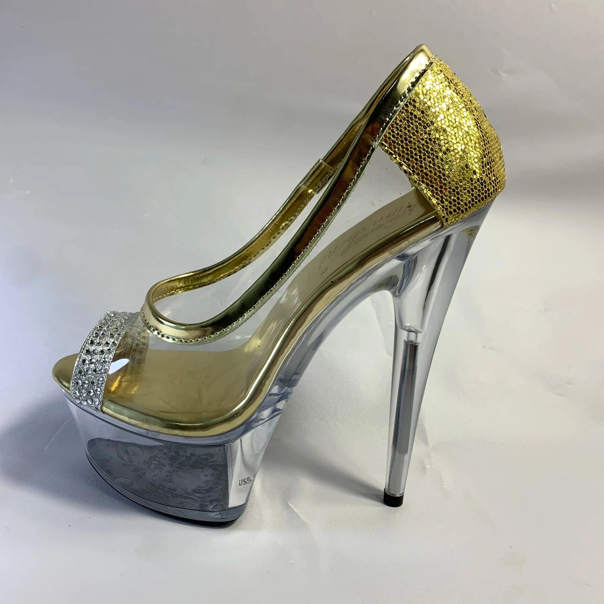 9 / Gold 6 inches high with business attire single shoes suit with 15 cm higher girls shoe buckle belt round head Shiny gold shoes