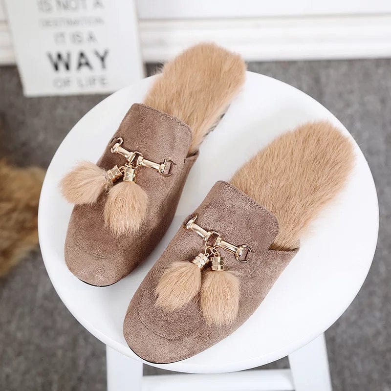 9 / khaki tassel decoration 2022 New Arrival Winter Mules Rabbit Fur Shoes Women Slippers With Metal Chain Tassel Decoration