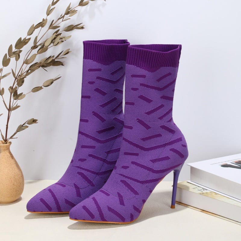 9 / Purple BUSY GIRL LFN4358 New 2022 fall fashion women's knitted ankle sock pointed toe heeled high heel boots shoes for women ladies