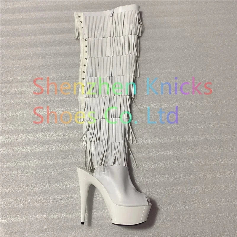 9 / White+matte92 6inch-15CM Black white and red tassel boots super high heel Leather material tassel boot
