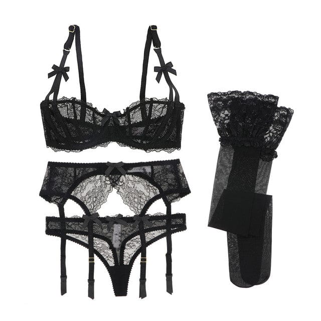 90E / Black T-back 2022 New Women's Sexy Underwear Lace Bra & Brief Sets 4 Pcs Sexy Lingeries