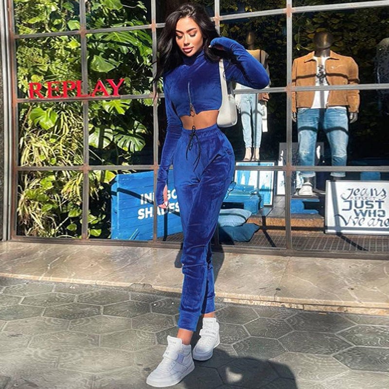 9811 Velvet Long Sleeve Zipper High Waist Crop Top Casual Long Pants Women'S Sets 2022 New Sportsuit Winter American Clothing