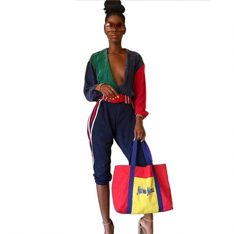9S03869 deep V neck contrasting color loose knee length Rompers 2019 Womens Jumpsuits Sexy Bodycon
