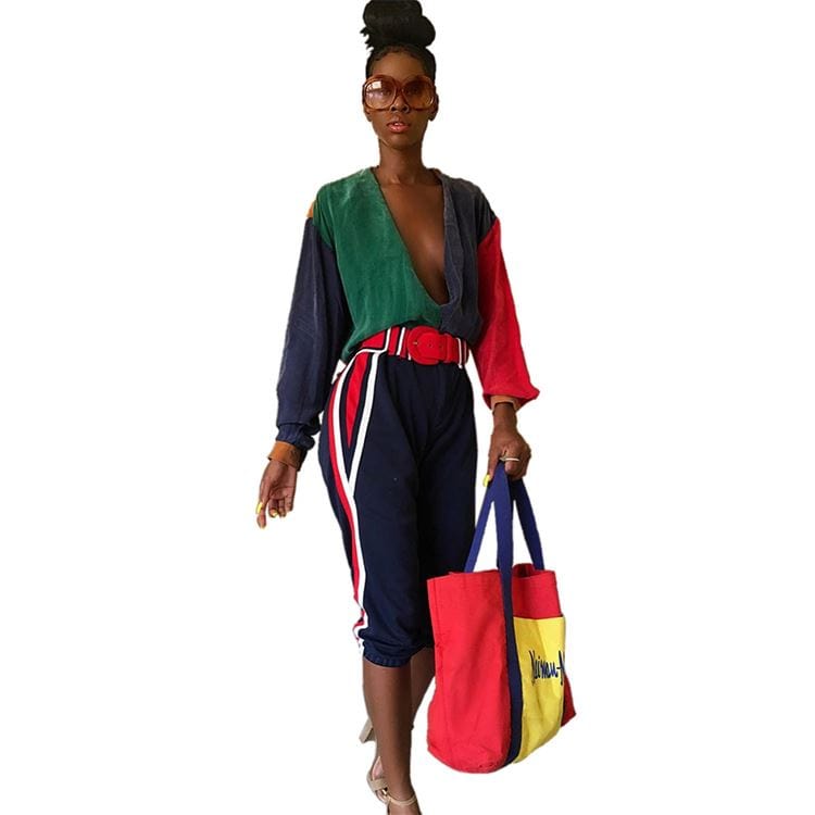 9S03869 deep V neck contrasting color loose knee length Rompers 2019 Womens Jumpsuits Sexy Bodycon