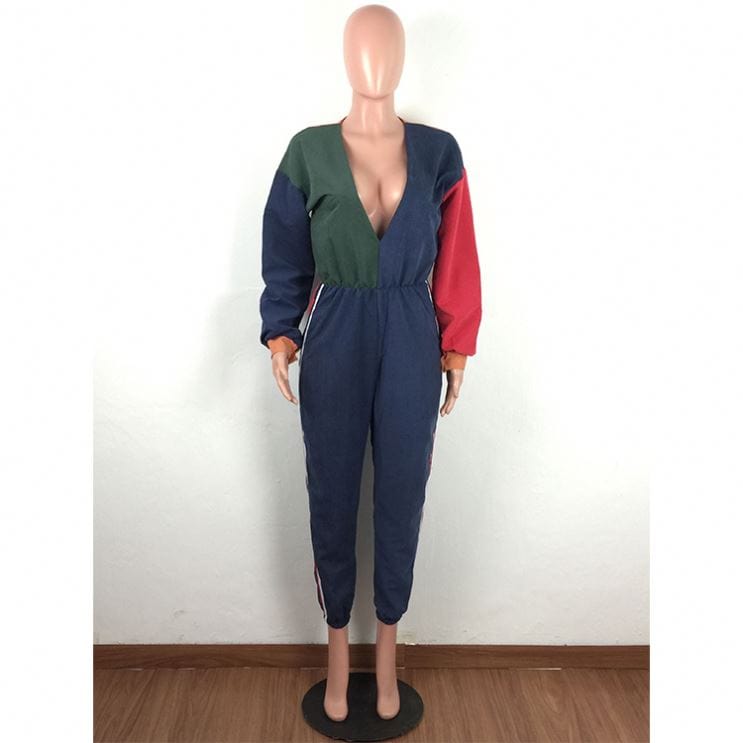 9S03869 deep V neck contrasting color loose knee length Rompers 2019 Womens Jumpsuits Sexy Bodycon