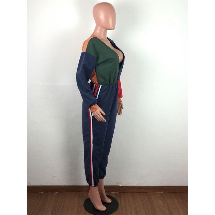 9S03869 deep V neck contrasting color loose knee length Rompers 2019 Womens Jumpsuits Sexy Bodycon