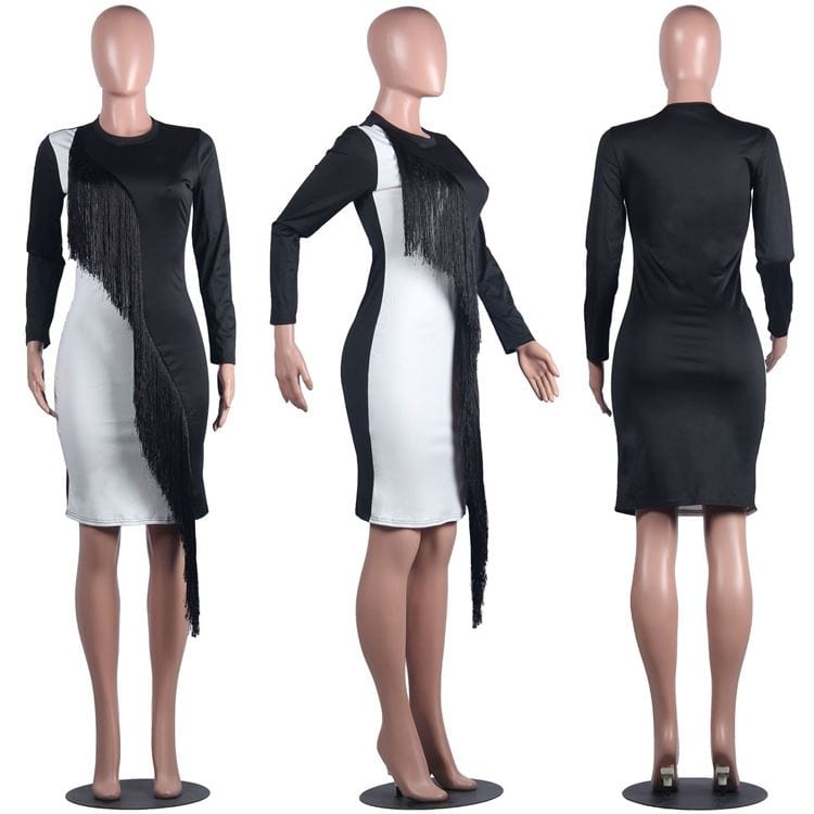 9S03943 popular white black contrasting color spliced tassel 2019 New Arrival Lady Dress Woman