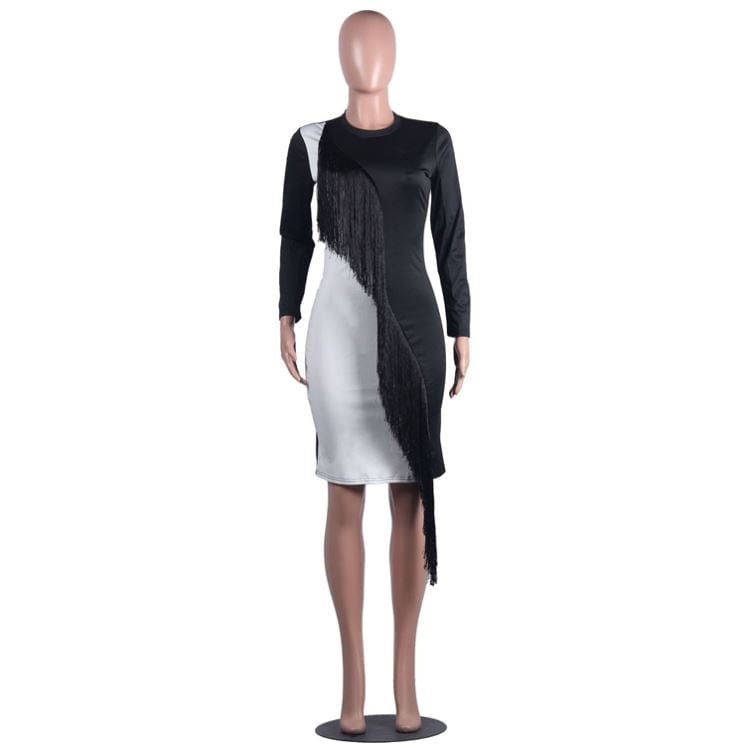 9S03943 popular white black contrasting color spliced tassel 2019 New Arrival Lady Dress Woman